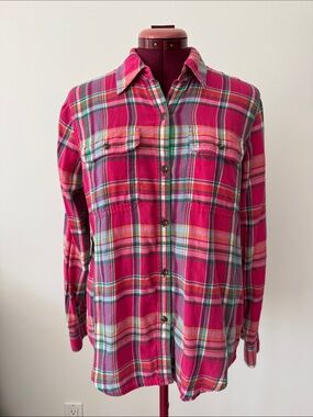 Chaps Pink Plaid Button Down Short Size M